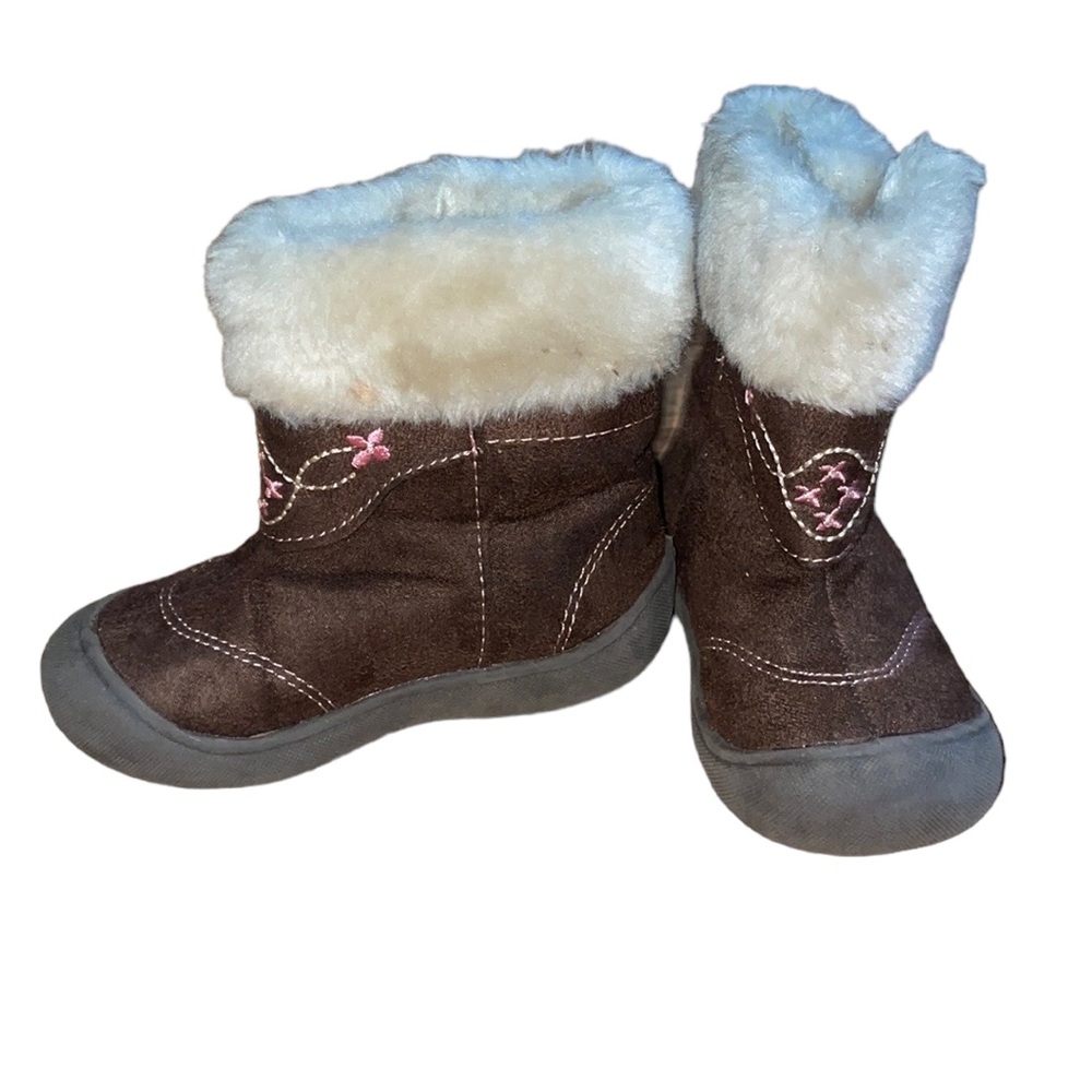 •POLAR RIDGE•TODDLER BROWN & PINK FUR VELCRO SIDE BUCKLE BOOTS SIZE 7 VGUC